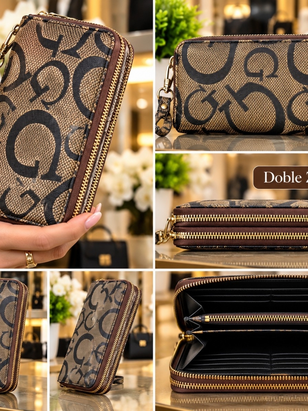 Double-Zip Monogram Compact Wallet - Brown/Black